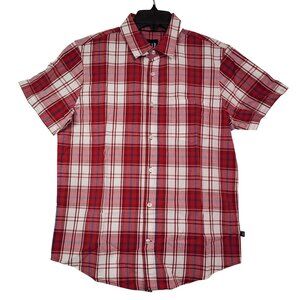 GAP Men's Red & White Plaid Short Sleeve Button-Up Poplin Cotton Shirt Medium